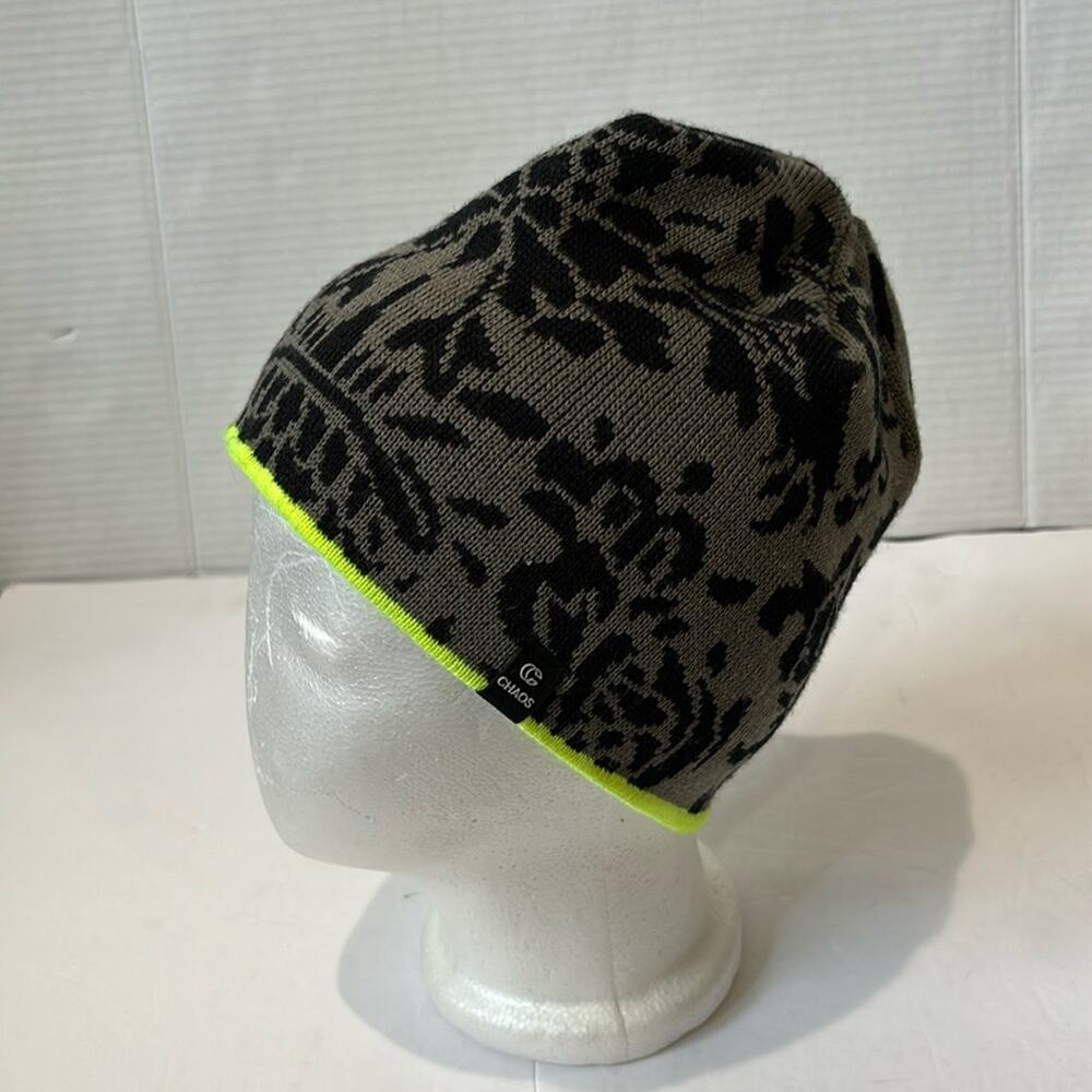 Chaos Super Soft Beanie Black Floral Pattern on Gray Trimmed in Neon Green